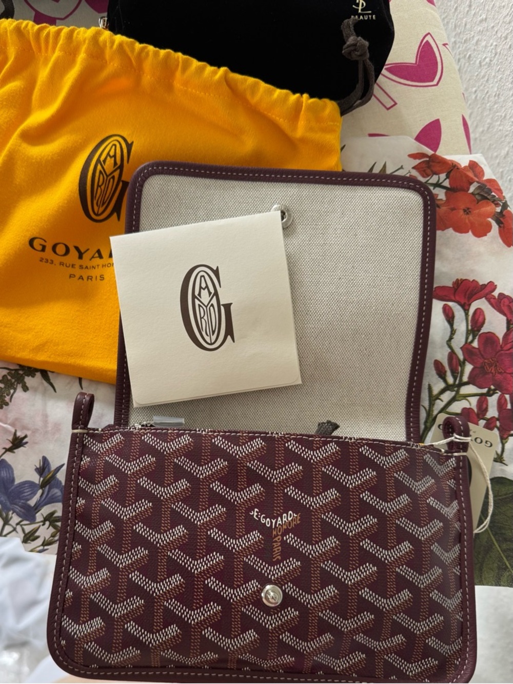 Plumet New with Tags Goyard Maroon Chevron Canvas Shoulder Bag with Leather Trim